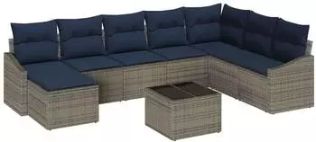 vidaXL Gartensofa-Set 8-tlg. Poly-Rattan grau und marineblau mit Kissen