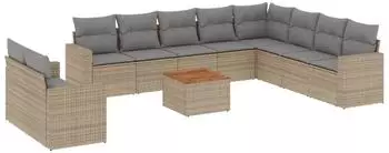 vidaXL Garten-Sofagarnitur 11-tlg. mit Kissen, Poly Rattan, beige (3224197)