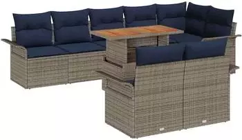 vidaXL Garten-Sofa-Set mit Kissen, 9-teilig, grau und marineblau (3349352)