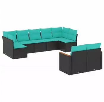 vidaXL Gartensofa-Set 9-teilig mit Kissen, Polyrattan schwarz (3226288)