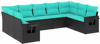 vidaXL Gartensofa-Set 9-teilig mit Kissen, Polyrattan schwarz (3220596)