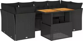 vidaXL Garten-Sofagarnitur 7-tlg. mit Kissen, Polyrattan, schwarz (3326890)