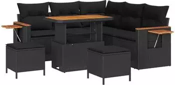 vidaXL Gartensofa-Set mit Kissen, 9-tlg., Poly-Rattan, schwarz (3365124)