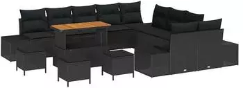 vidaXL Gartensofa-Set mit Kissen 14-tlg. schwarz Poly-Rattan (3364799)