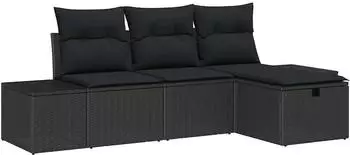 vidaXL Garten-Sofa-Set mit Kissen, 4-teilig, Poly-Rattan, schwarz (3360684)