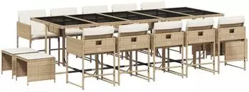 vidaXL Garten-Essgruppe 15-tlg. Poly Rattan mit Kissen, beige (3211354)