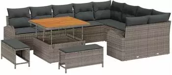 vidaXL Garten-Sofa-Set mit Kissen, 12-tlg., grau, Poly-Rattan (3362428)