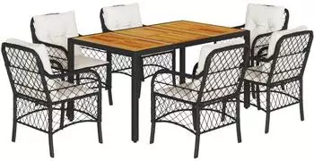vidaXL Garten-Essgruppe 7-tlg. mit Kissen, Poly Rattan, schwarz (3212039)