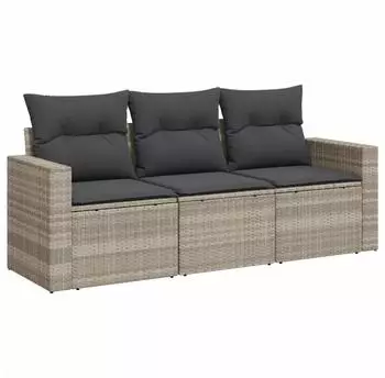 vidaXL Garten-Sofagarnitur 3-tlg. mit Kissen, Poly Rattan, hellgrau (3218652)