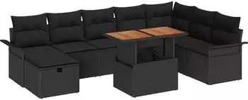 vidaXL Garten-Lounge-Set 9-tlg. mit Kissen, schwarz, Poly-Rattan (3359929)