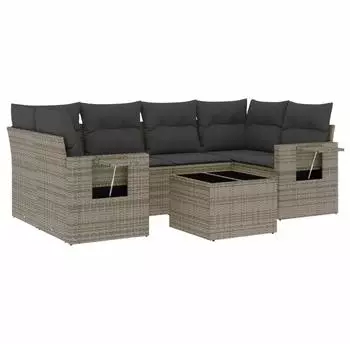 vidaXL Gartenlounge-Set 7-tlg. Poly Rattan grau mit Kissen (3219919)