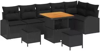 vidaXL Gartenlounge-Set 9-tlg. mit Kissen, Poly-Rattan, schwarz (3362409)