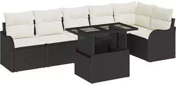 vidaXL Garten-Sofa-Set mit Kissen, 7-teilig, schwarz, Poly Rattan (3357210)