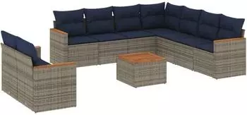 vidaXL Gartensofa-Set 10-teilig mit Kissen, grau, Polyrattan (3226110)