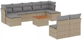 vidaXL Garten-Sofagarnitur 10-tlg. mit Kissen, Poly Rattan, beige (3223861)