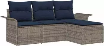 vidaXL Garten-Sofaset mit Kissen und Stauraum, 4-tlg., grau, Poly-Rattan (3353984)