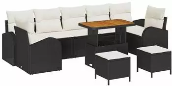 vidaXL Garten-Sofa-Set mit Kissen, 10-tlg., Poly Rattan/Akazie, schwarz (3364330)