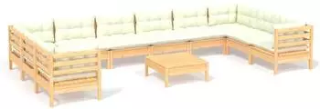 vidaXL Garten-Lounge-Set 11-tlg. Kiefernholz, cremefarbene Kissen (3097337)