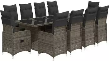 vidaXL Garten-Bistro-Set 11-tlg. mit Kissen, grau, Poly Rattan (3277296)