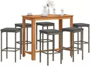 vidaXL Gartenbar-Set 7-tlg., Akazienholz und Poly Rattan, grau (3295287)