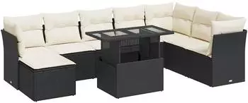 vidaXL Garten-Sofagarnitur 9-tlg. mit Kissen, Poly Rattan, schwarz (3326207)