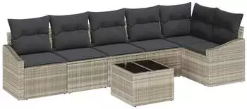 vidaXL Sofa-Set mit Kissen, 7-tlg., hellgrau, Poly-Rattan (3346752)