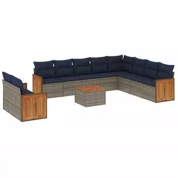 vidaXL Gartenlounge-Set 11-teilig mit Kissen, grau, Polyrattan (3227804)