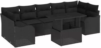 vidaXL Gartenlounge-Set mit Kissen, 8-tlg., schwarz, Poly-Rattan (3348419)