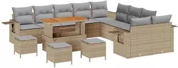 vidaXL Garten-Sofagarnitur 14-tlg. Poly-Rattan/Akazie beige (3361812)