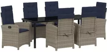 vidaXL Garten-Essgruppe 7-teilig mit Kissen, Poly-Rattan, grau (3380356)