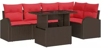 vidaXL Garten-Sofa-Set mit Kissen, 6-tlg., braun/rot, Poly-Rattan (3348650)