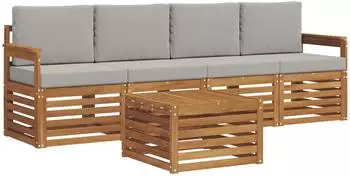 vidaXL Outdoor-Sofagarnitur 5-tlg. mit Kissen, Akazienholz, natur/hellgrau (3374316)