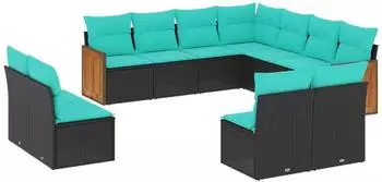 vidaXL Gartensofa-Set 11-teilig mit Kissen, schwarzes Polyrattan (3227765)