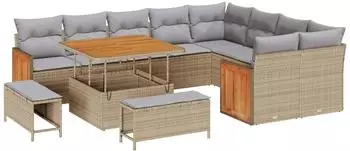 vidaXL Gartensofa-Set 12-teilig Poly Rattan beige und hellgrau (3363207)