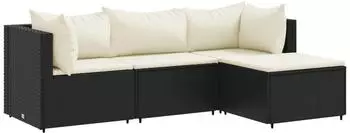vidaXL Garten-Lounge-Set 4-tlg. mit Kissen, schwarz, Poly-Rattan (3308048)