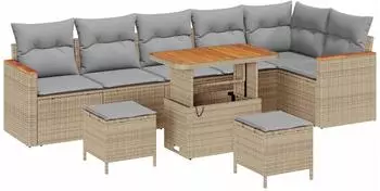 vidaXL Garten-Sofagarnitur 9-tlg. Poly-Rattan/Akazie beige