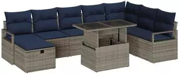 vidaXL Garten-Sofa-Set mit Kissen und Stauraum, 9-tlg., grau, Poly Rattan (3359822)