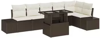 vidaXL Garten-Sofa-Set 7-teilig mit Kissen, Poly-Rattan, braun (3349194)