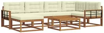 vidaXL Outdoor-Sofagarnitur mit Kissen, 7-tlg., natur und creme (3367868)