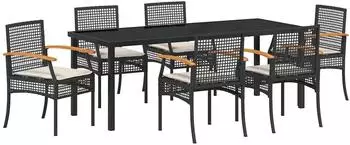 vidaXL Garten-Essgruppe mit Kissen, 7-teilig, schwarz, Poly-Rattan (3380818)