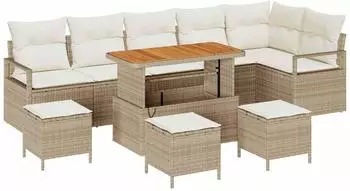 vidaXL Garten-Sofa-Set mit Kissen und Stauraum, Poly Rattan/Akazie, beige, 10-teilig (3364501)