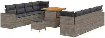 vidaXL Gartensofa-Set mit Kissen und Stauraum, 11-tlg., grau, Poly-Rattan (3363928)