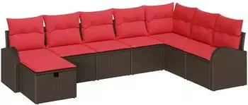 vidaXL Garten-Sofa-Set mit Kissen und Stauraum, Poly-Rattan, braun/rot (3359133)