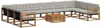 vidaXL Outdoor-Sofagarnitur mit Kissen, 11-tlg., natur/hellgrau (3369902)