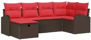 vidaXL Sofa-Set mit Kissen, 6-tlg., Poly-Rattan, braun/rot (3359083)