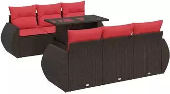 vidaXL Garten-Sofagarnitur 7-tlg. Poly Rattan/Akazie, braun, mit Kissen (3326585)
