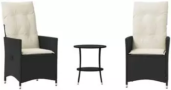 vidaXL Bistro-Set 3-tlg. mit Kissen, Poly Rattan, schwarz (365652)