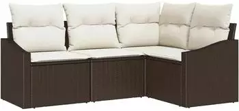 vidaXL Gartensofa-Set mit Kissen, 4-tlg., braun/wei&szlig;, Poly-Rattan (3355367)