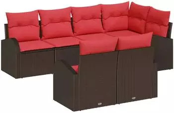 vidaXL Garten-Sofa-Set mit Kissen, 7-tlg., braun/rot, Poly-Rattan (3354753)