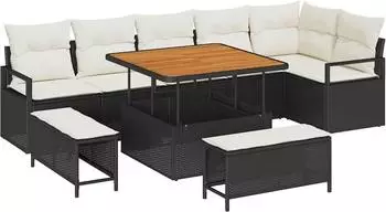 vidaXL Garten-Sofa-Set mit Kissen, 9-tlg., schwarz, Poly-Rattan (3362535)